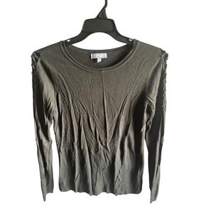 All at Once Womens Olive Green Lace Up Shoulder Long Sleeve Sweater Size L VB695